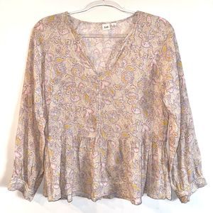 GAP Blouse Top Womens S Pink Floral Long Sleeve Peasant Boho Baby Doll V Neck